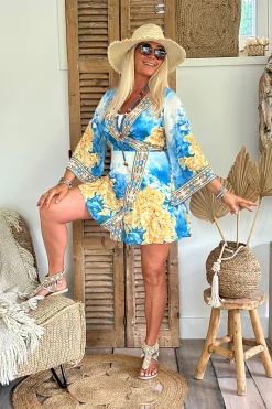 FA-943 Kort Kimono Jurkje Blue/Corn.