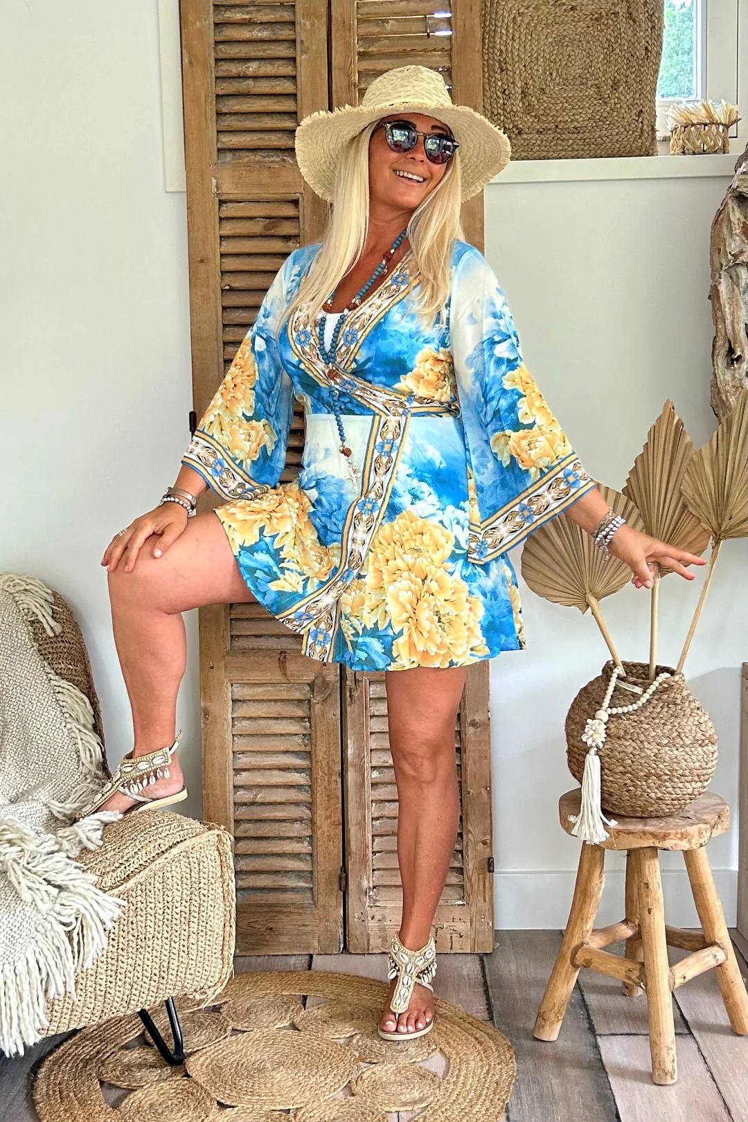 FA-943 Kort Kimono Jurkje Blue/Corn.