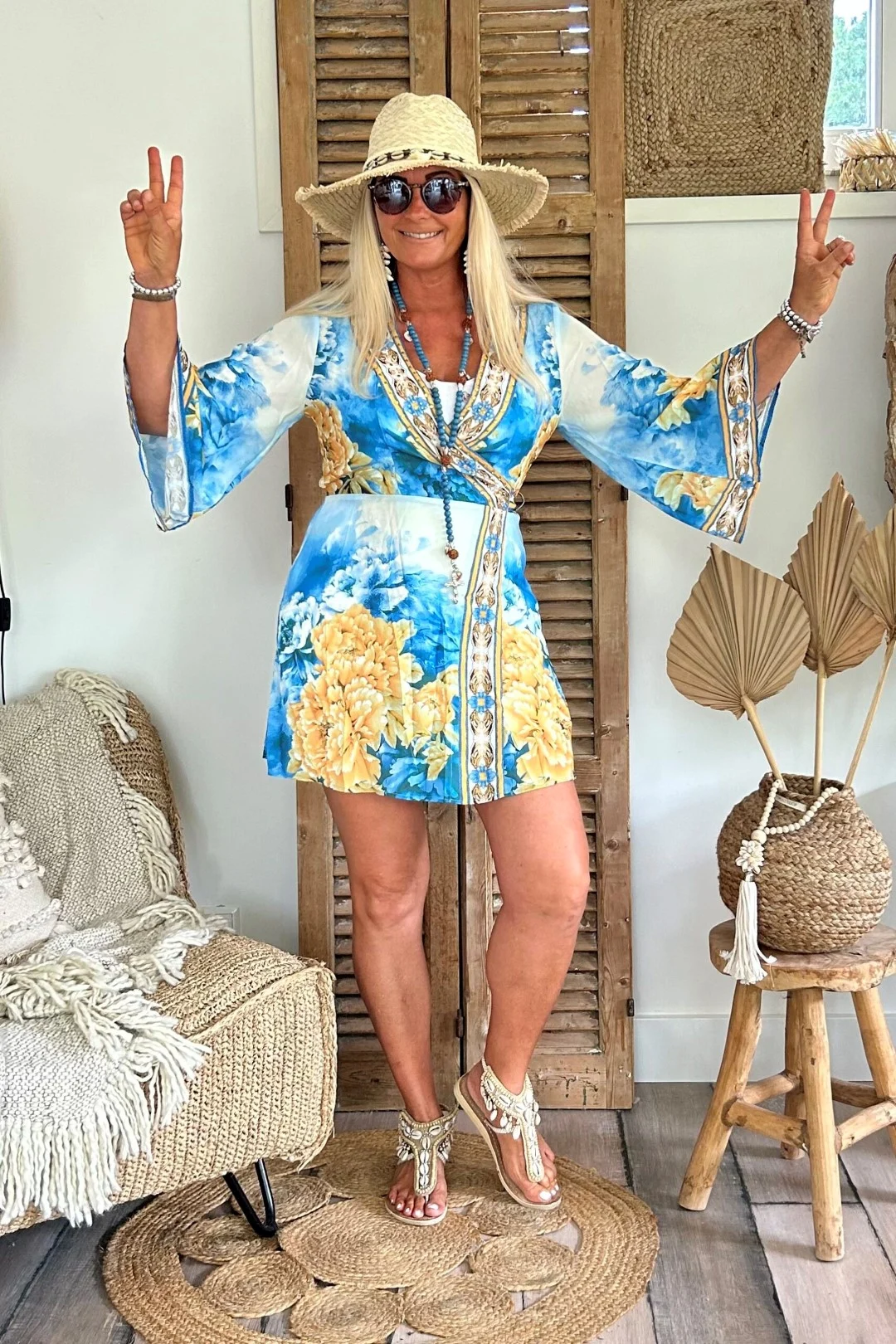 FA-943 Kort Kimono Jurkje Blue/Corn. - Afbeelding 3