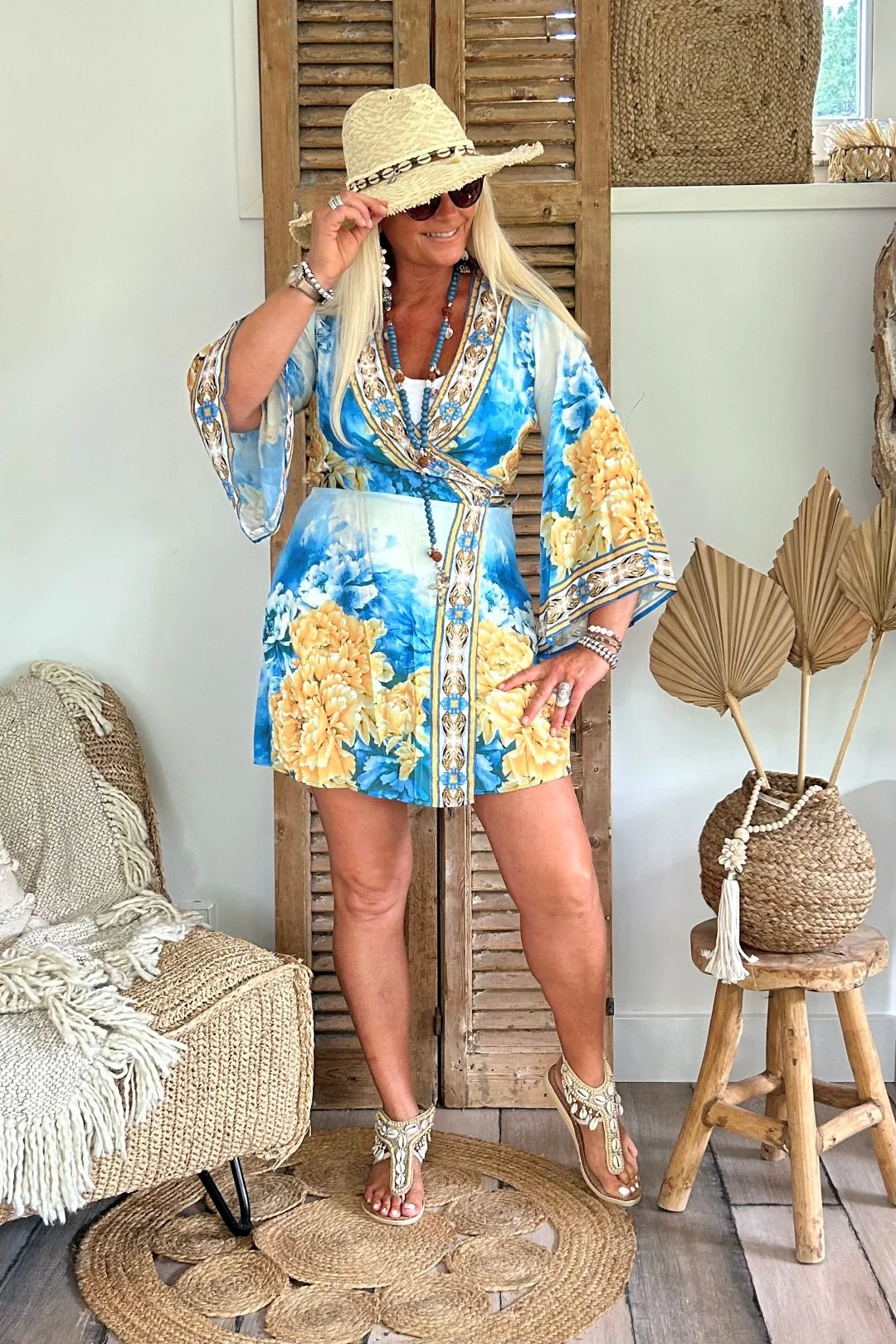 FA-943 Kort Kimono Jurkje Blue/Corn. - Afbeelding 5