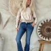 Denim Flared Pantalon Melly met Steekzakken, Dark Blue.