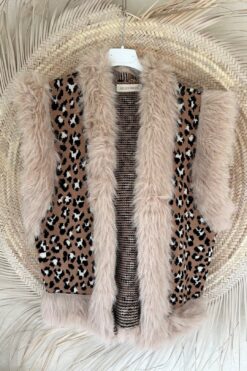 Luipaard gilet Lacy met brede Schouders en Fake Fur, Camel.