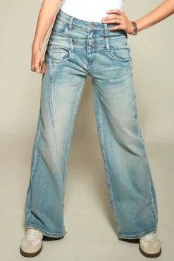 "Wide Leg" Jeans Roxy met dubbele band, Licht Blauw.