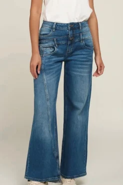 "Wide Leg" Jeans Roxy met dubbele band, Mid Blauw.