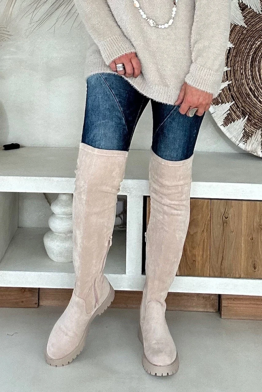 Suedine Overknee Boots Bobbie, licht Zand.