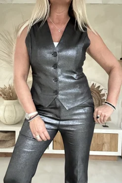 Suedine Gilet Gloria met Glans, Zwart/Grijs.