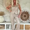 Suèdine Flared pantalon Penny met glans, Goud/ Brons. (Levertijd 2-7 werkdagen)