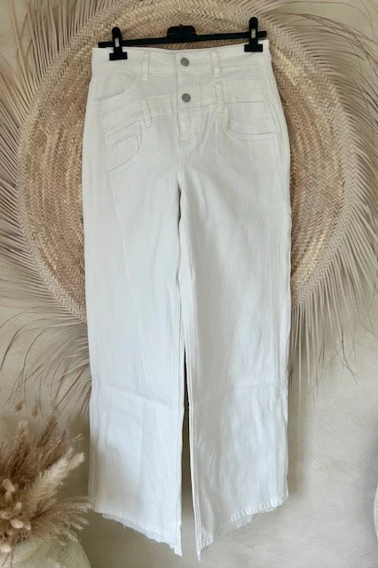 Toxik "Wide Leg" Jeans Roxy met dubbele band, Gebroken Wit.