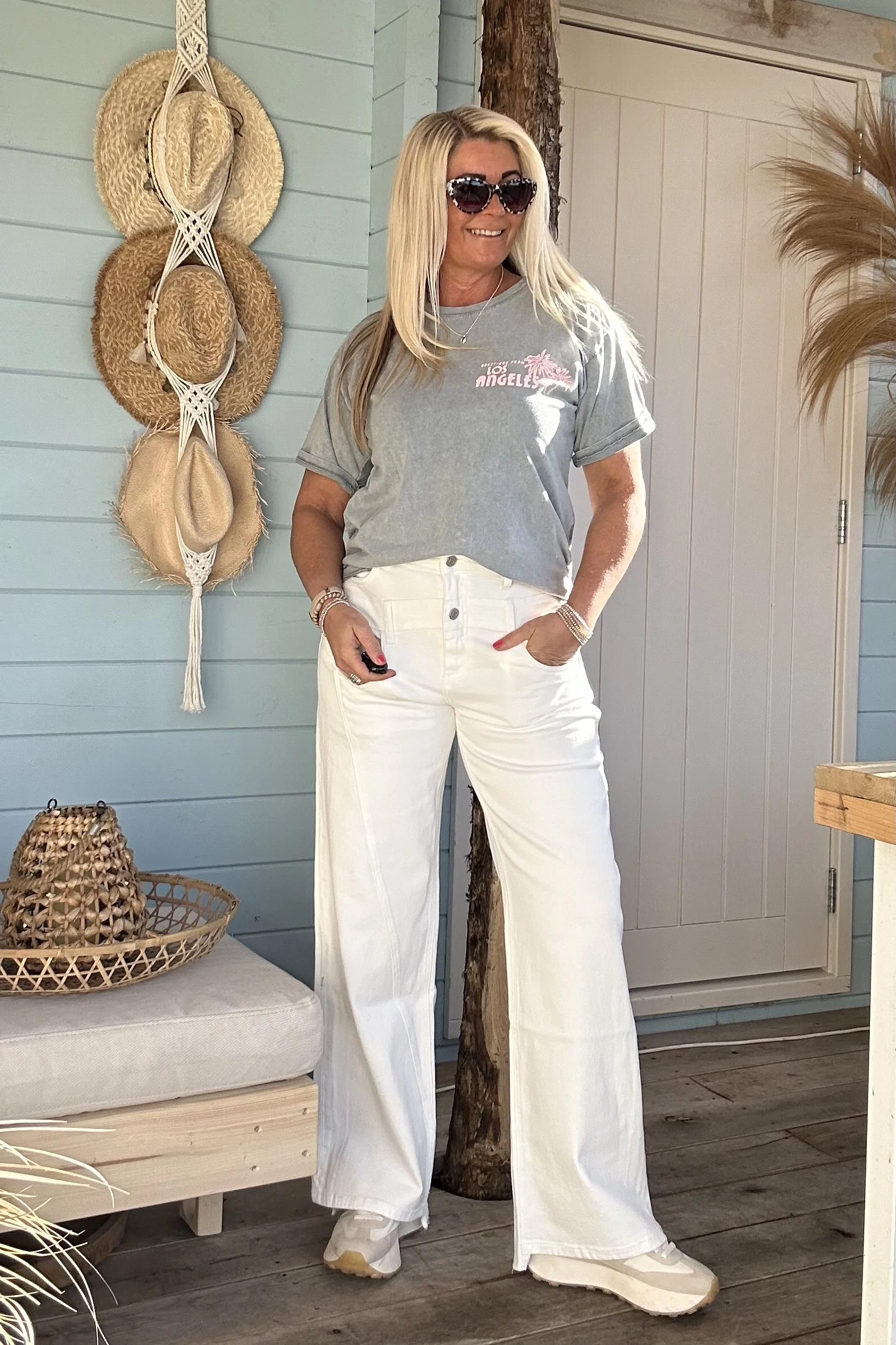 Toxik "Wide Leg" Jeans Roxy met dubbele band, Gebroken Wit. - Afbeelding 3