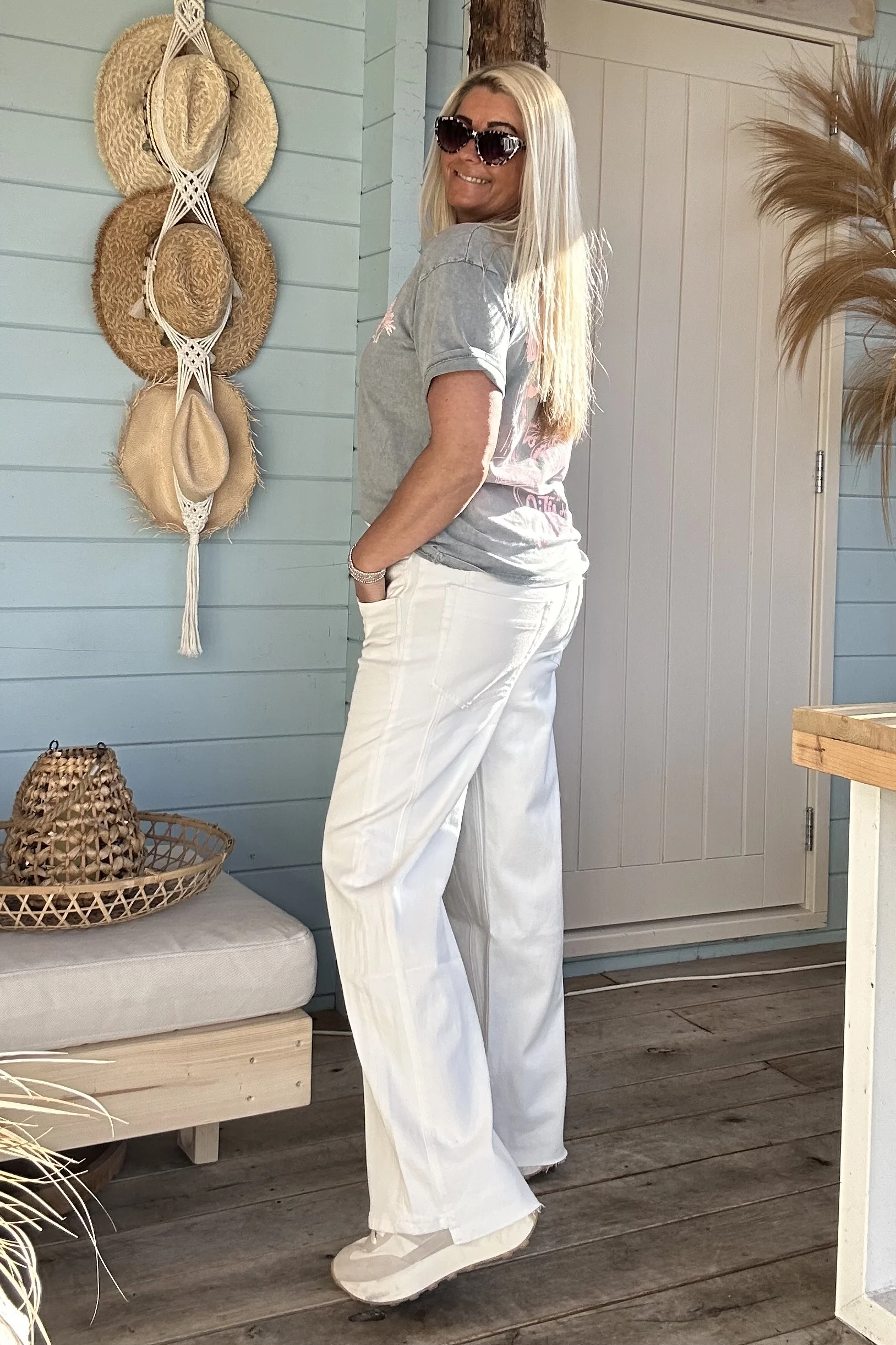 Toxik "Wide Leg" Jeans Roxy met dubbele band, Gebroken Wit. - Afbeelding 10
