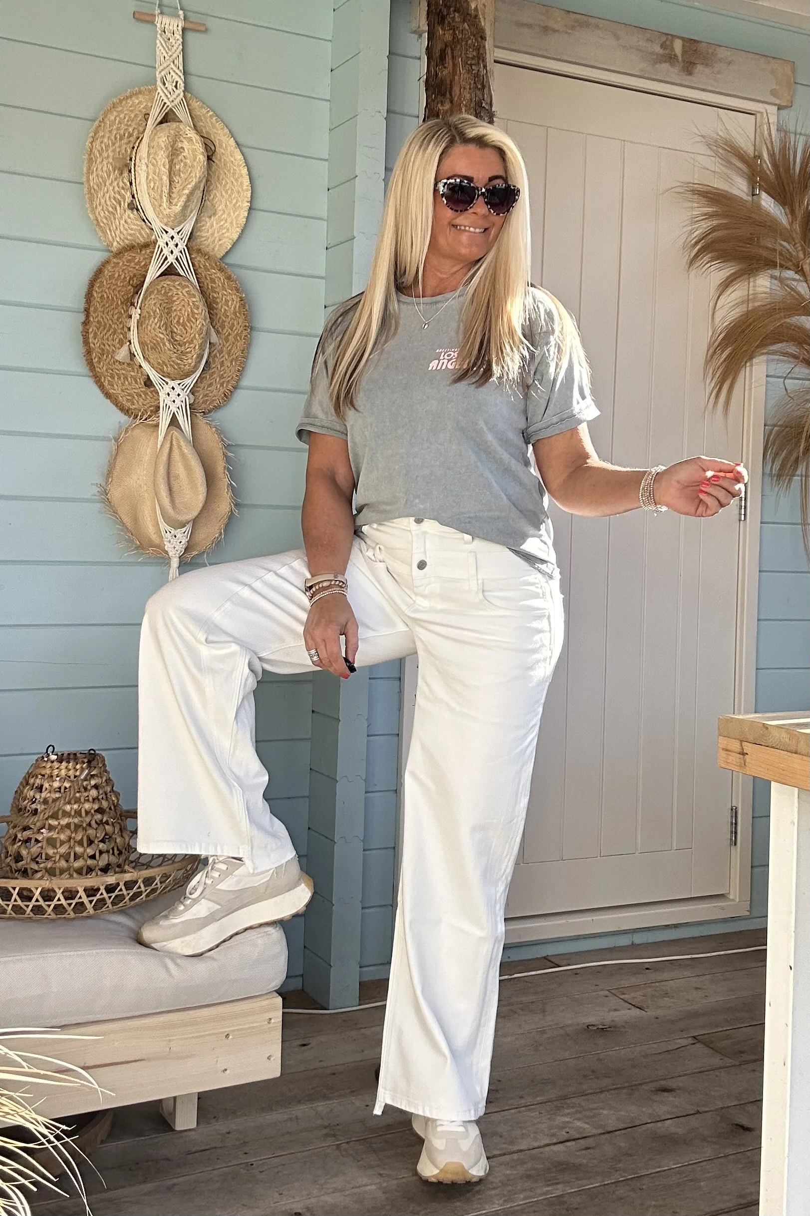 Toxik "Wide Leg" Jeans Roxy met dubbele band, Gebroken Wit. - Afbeelding 5