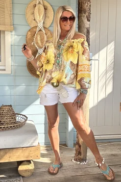 Ibiza tuniek Bibi 3/4 mouw, Flower Geel.