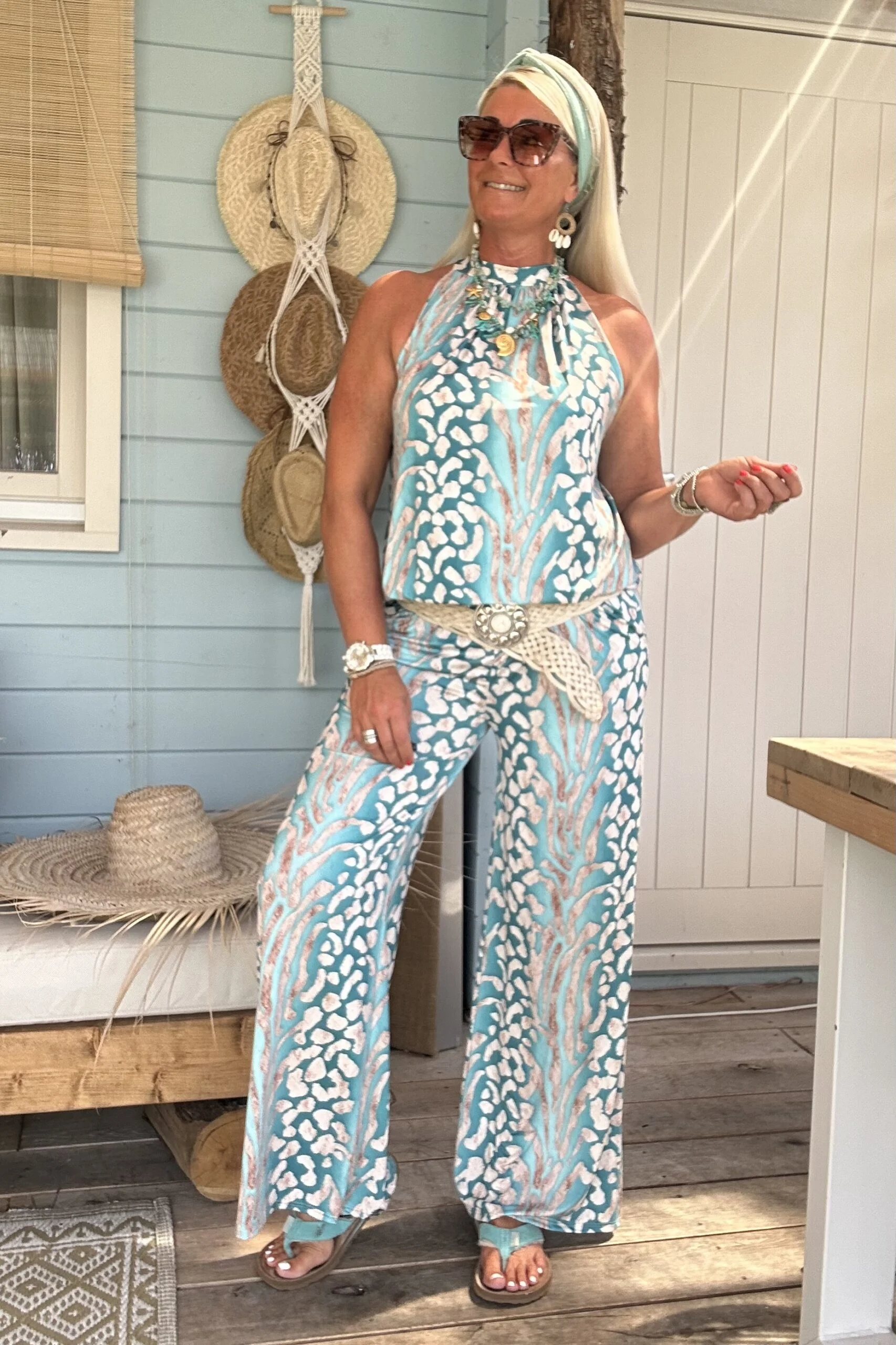 Twee-delige Set Isabel, Haltertop en Broek, Aqua. - Afbeelding 10
