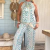 Twee-delige Set Isabel, Haltertop en Broek, Aqua.