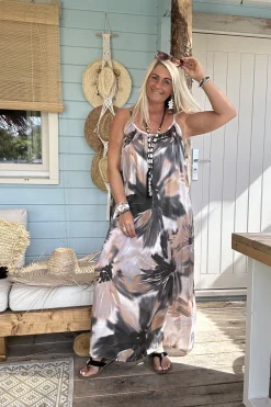 Maxi Jurk Dixie Flower, Zwart/ Naturel.