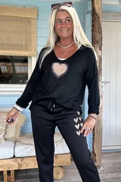 Knitwear shirt Silvie met V-hals en Hartje, Zwart.
