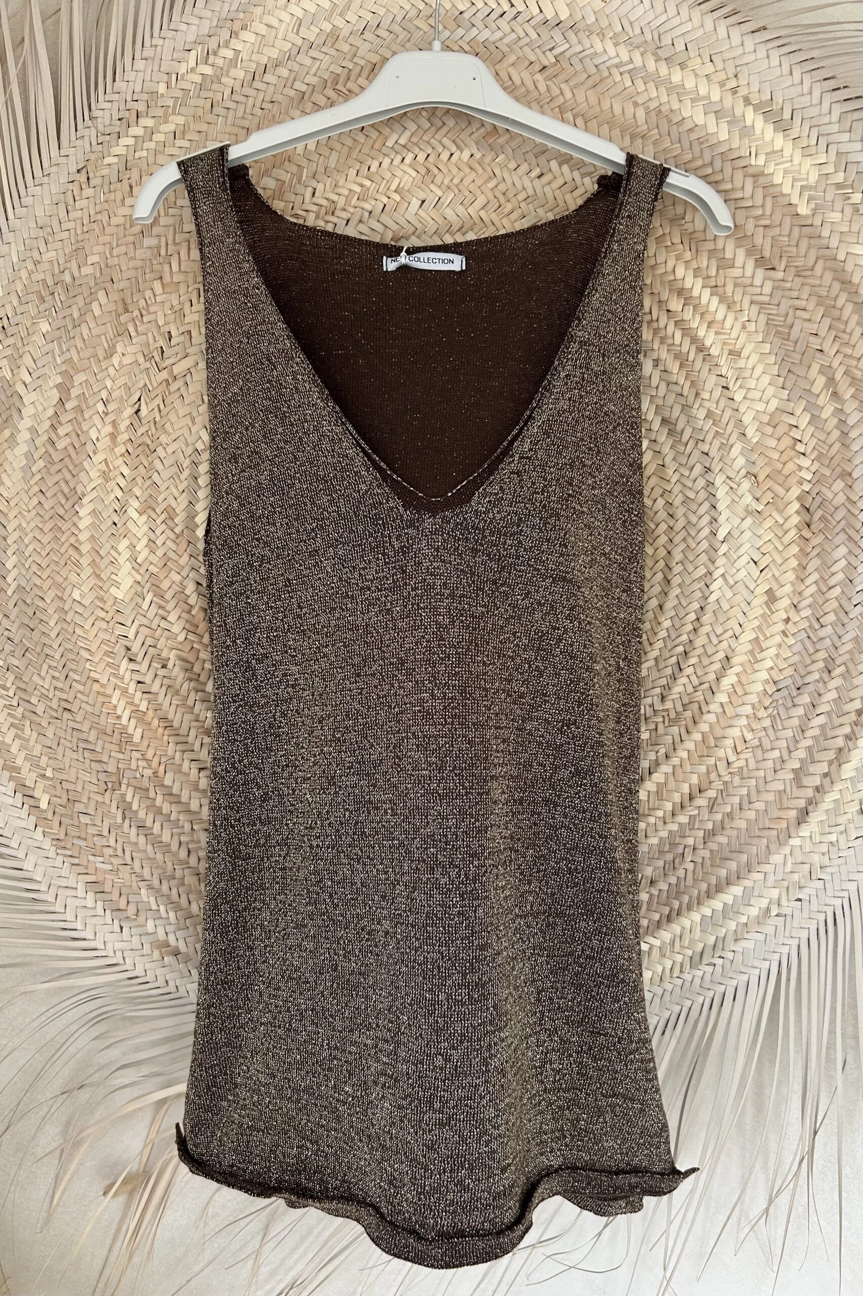 Knitwear Top Diana met V-hals en Lurex accenten, Bruin.