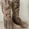 Boho Boots Bisou met Franje en Panter accenten, Taupe/Beige.