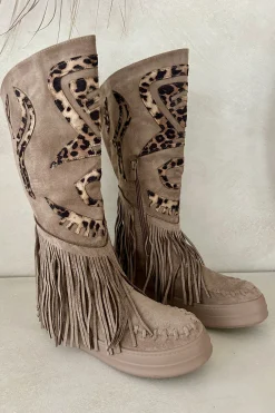 Boho Boots Bisou met Franje en Panter accenten, Taupe/Beige.