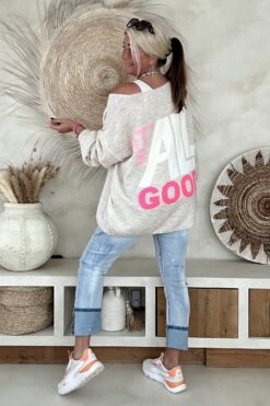 Gebreide Trui Macy met Smiley en Backprint, Zand.