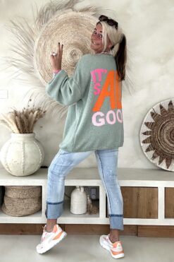 Gebreide Trui Macy met Smiley en Backprint, Petrol.