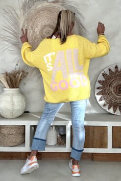 Gebreide Trui Macy met Smiley en Backprint, Geel.