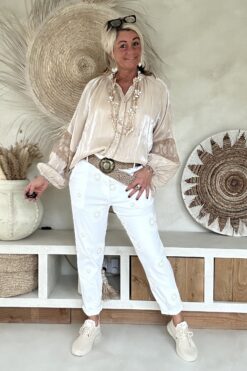 Stretch broek Fleur met borduursels, Wit.