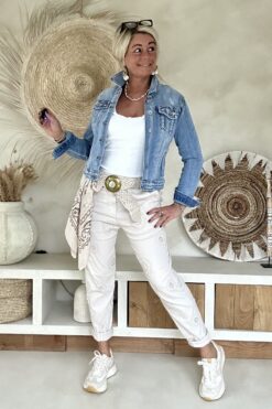 Stretch broek Fleur met borduursels, Zand.