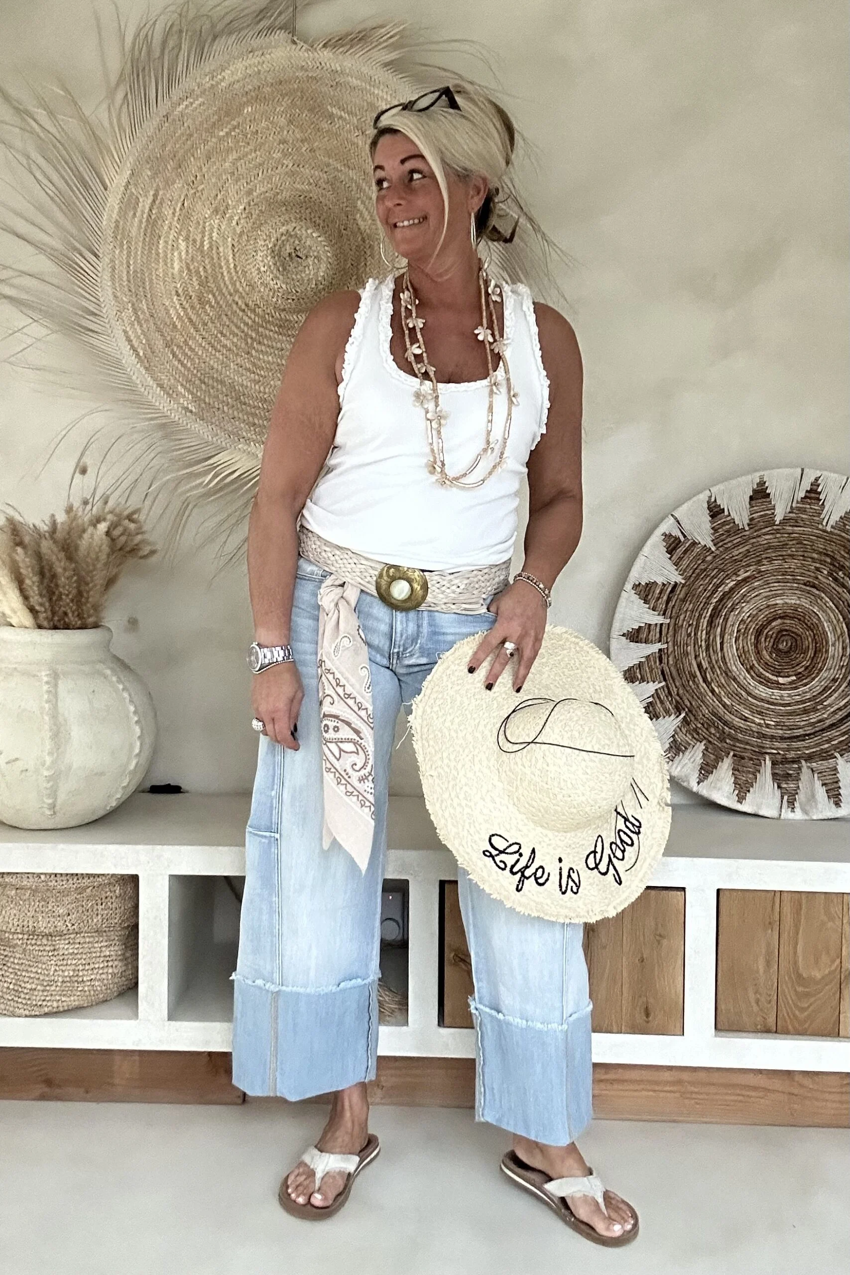 Ibiza Stro look Zonnehoed Solana, Licht Zand.