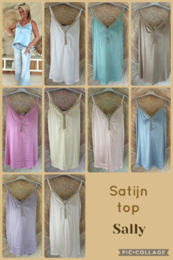 Satijn top Sally met Details, Div. Kleuren.