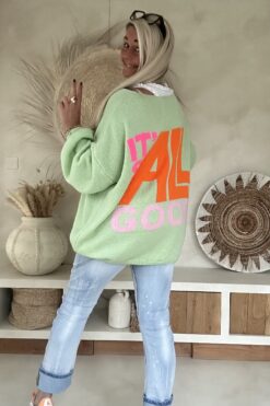 Gebreide Trui Macy met Smiley en Backprint, Pastel Groen.