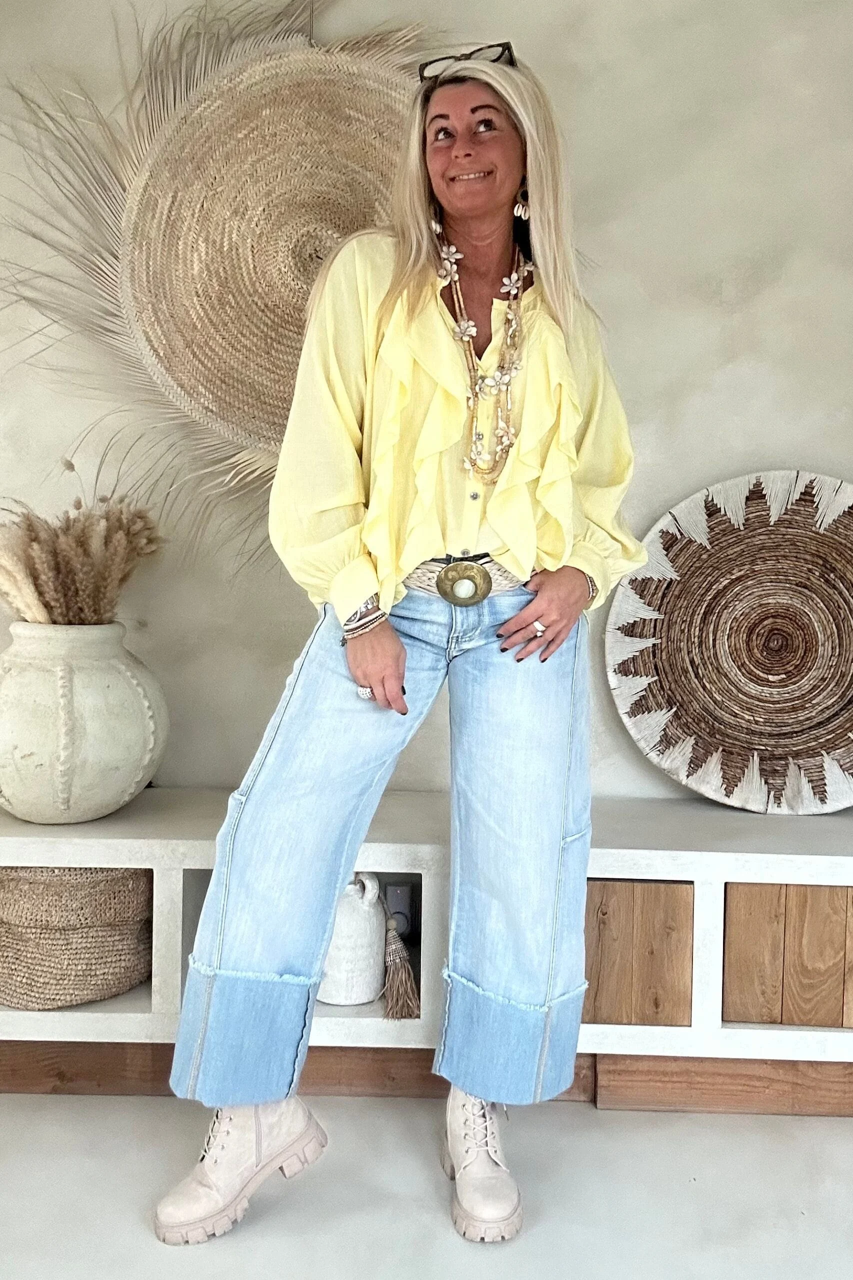 Ruffle Blouse Rilana, Zacht Geel. - Afbeelding 3