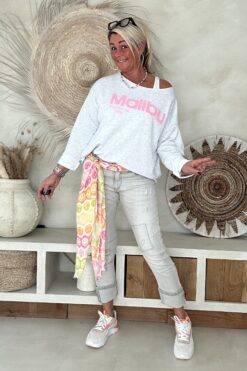 Sweater Shelley met Malibu Opdruk, Grijs Melee.