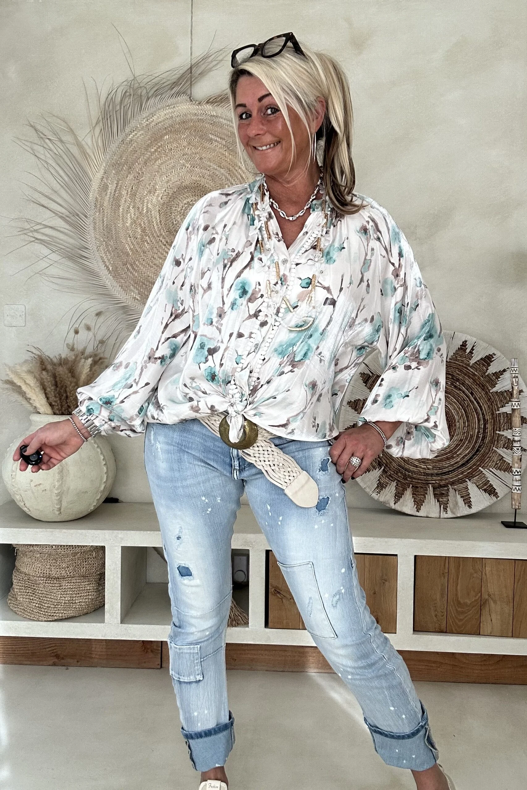 Blouse Britt met Glanseffect Flower, Mint. - Afbeelding 2
