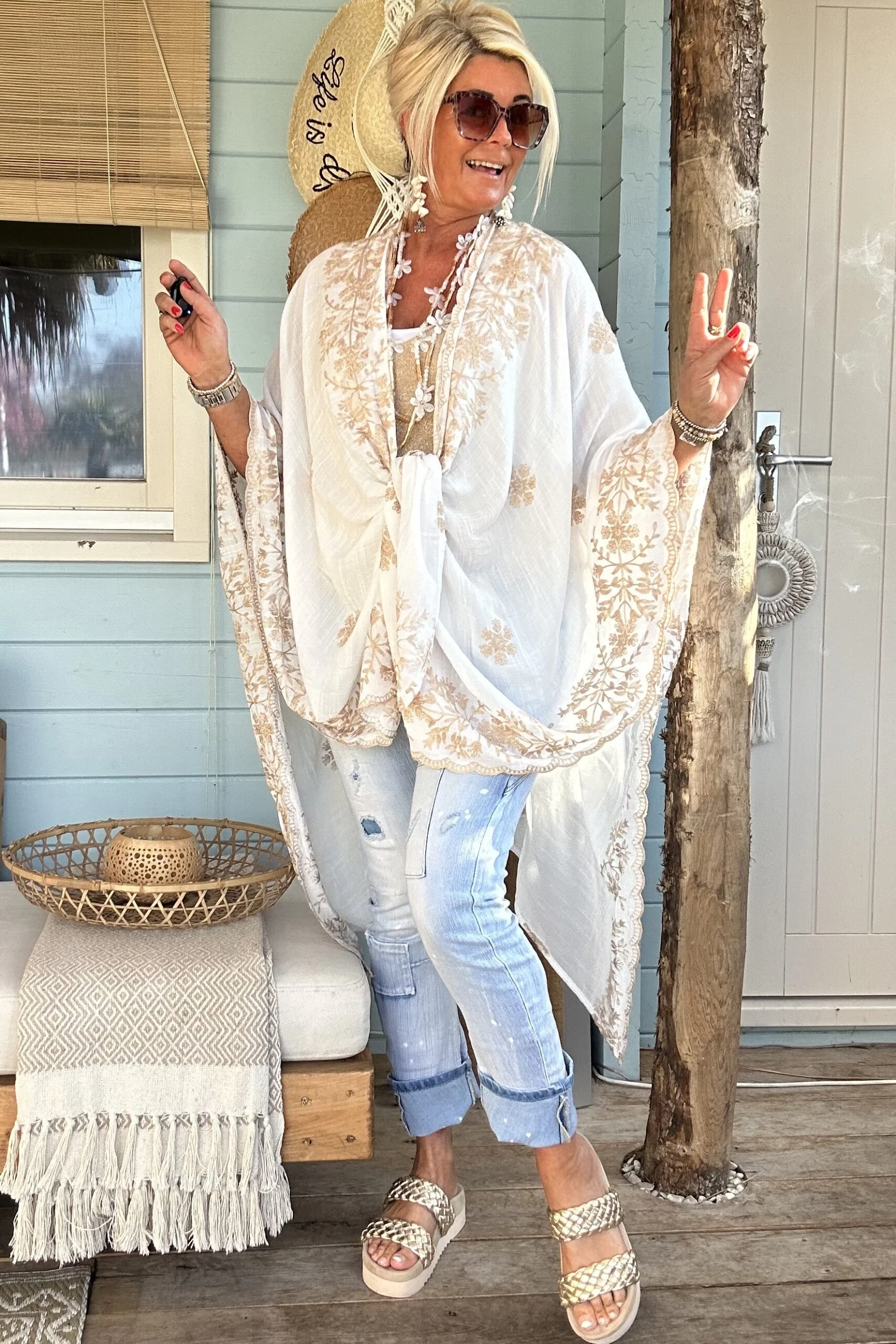 Kimono/Poncho Paloma met Borduursels, Wit. - Afbeelding 7