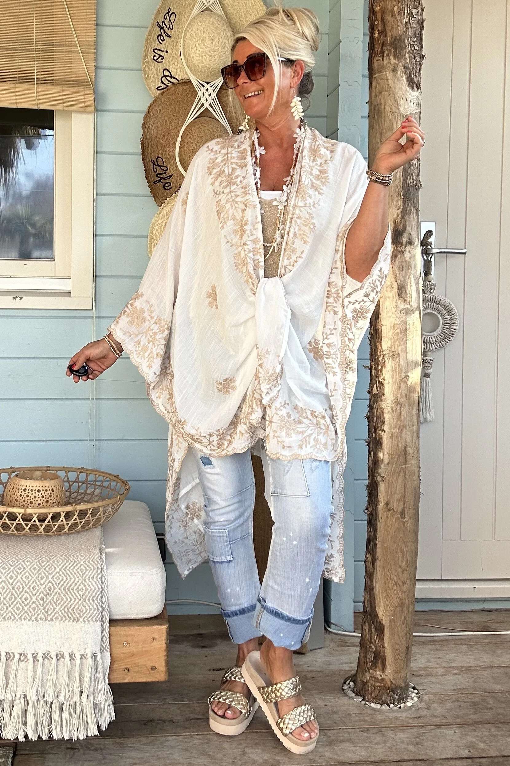 Kimono/Poncho Paloma met Borduursels, Wit. - Afbeelding 4