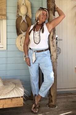 Stretch broek Fleur met borduursels, Jeansblauw.