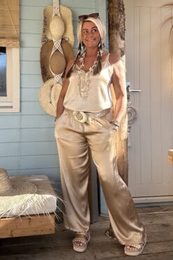 Wijde Satijnlook Broek Iris, Champagne.