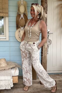 Wijde Linnen Broek Louise met Riempje, Flower Naturel