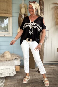 Cold shoulder Shirt Isla met schelpjes, Zwart.