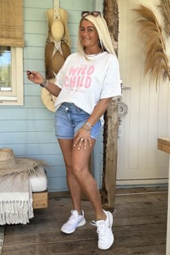 Sweater Faye "Wild Child" Korte mouw, Licht Grijs Melee.