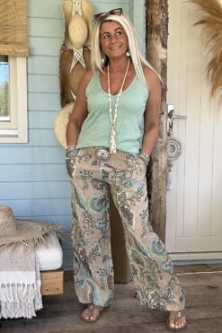 Wijde Linnen Broek Louise, Paisley en Flower Mint.