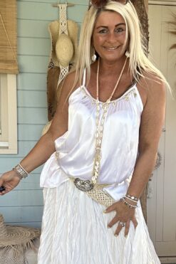 Satijnen top Talia met Schelpjes, Wit.