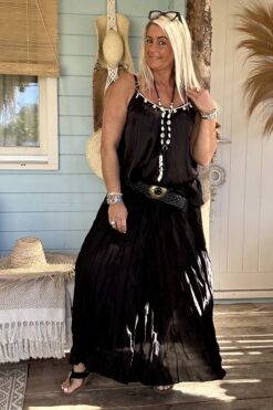 Boho Rok Satijnlook Wrinkle Fleur, Zwart.