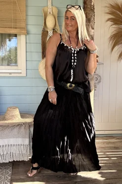 Boho Rok Satijnlook Wrinkle Fleur, Zwart.