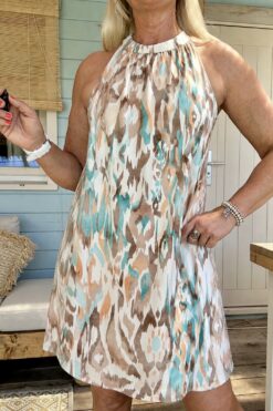 Halter jurkje Naomi Ikat, Mint/ Taupe.