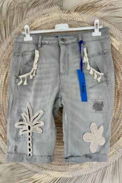 S. Woman Jeans short Pascha met Palm en Bloem applicaties LICHT GRIJS.