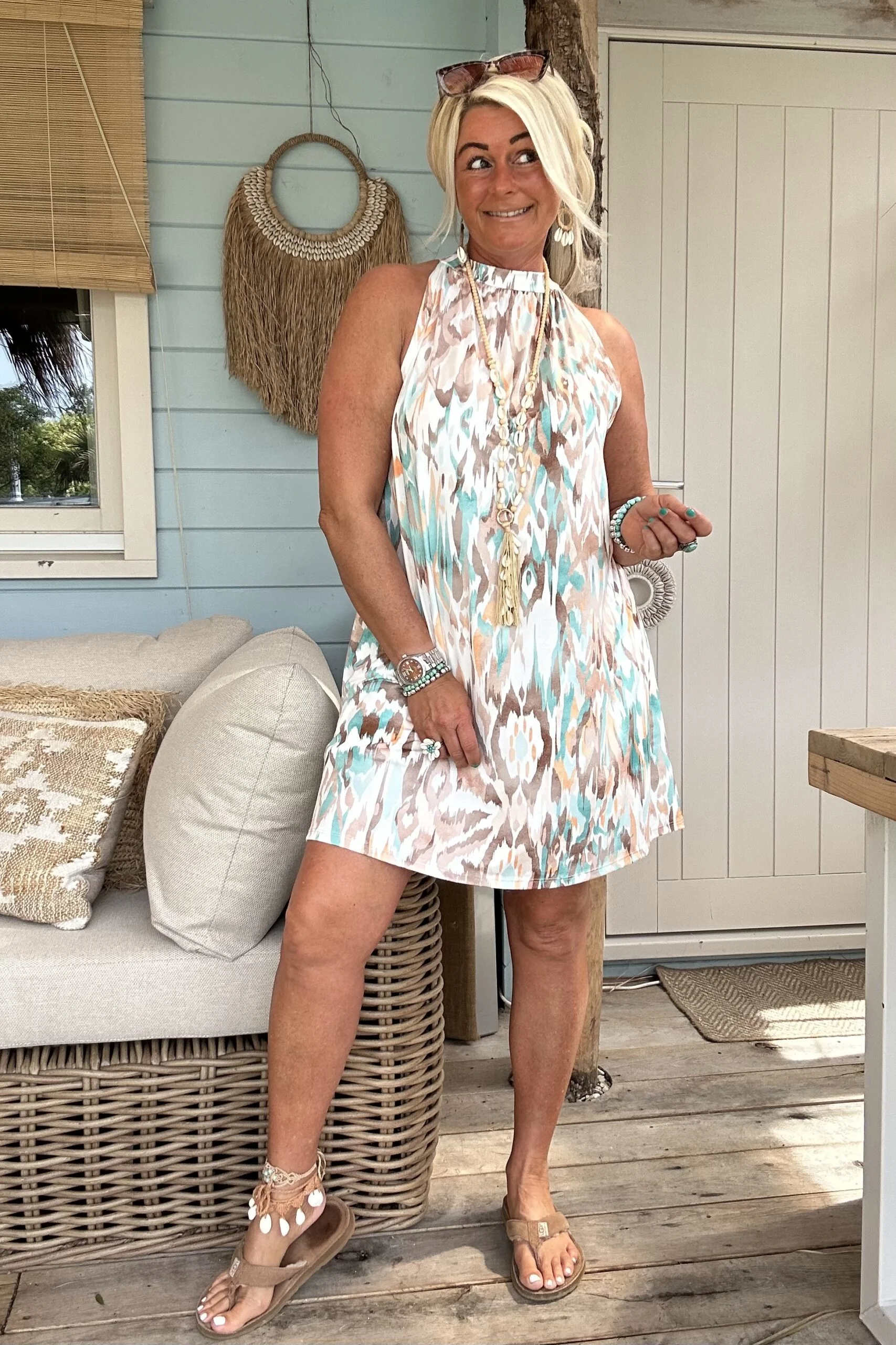Halter jurkje Naomi Ikat, Mint/ Taupe. - Afbeelding 18