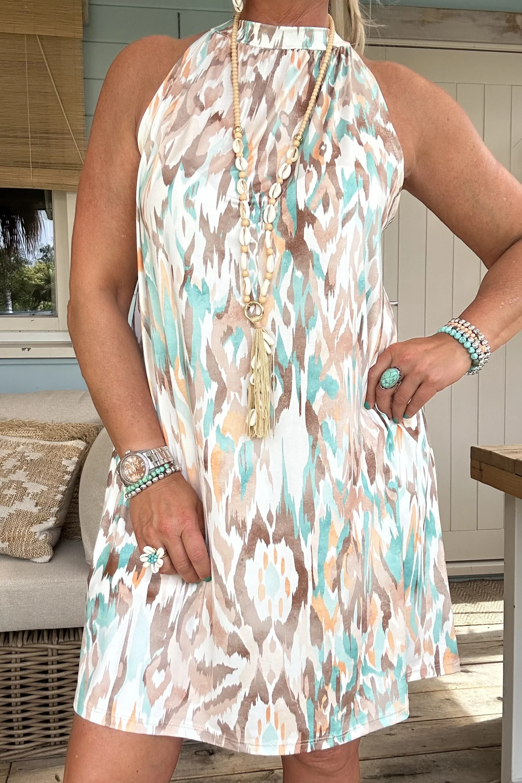 Halter jurkje Naomi Ikat, Mint/ Taupe. - Afbeelding 16