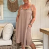 Boho Jurkje Melina Plisse met Kraal details, Taupe.